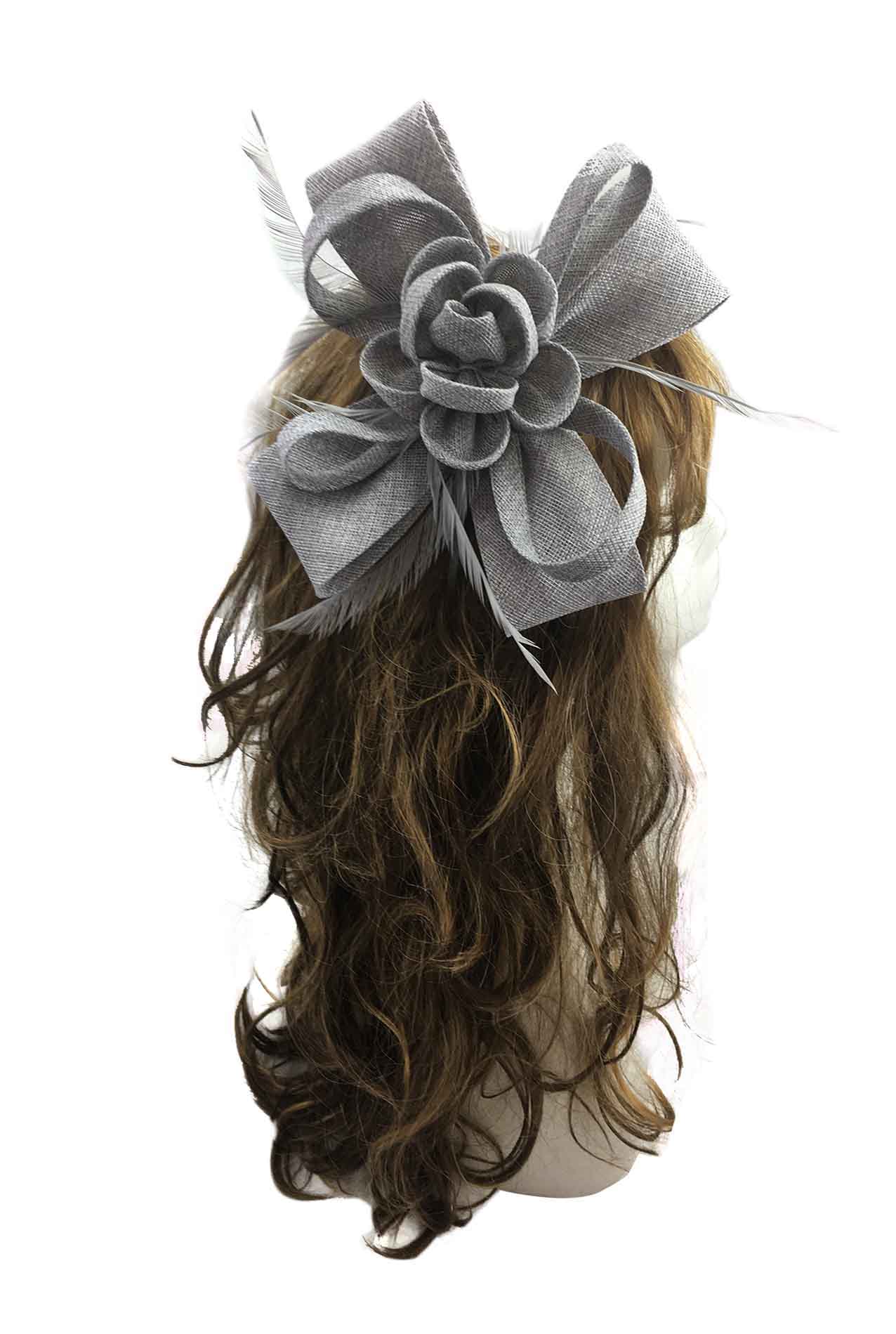 AB12771 Sinamay Rose Fascinator on A Criss Cross Bow with Feathers