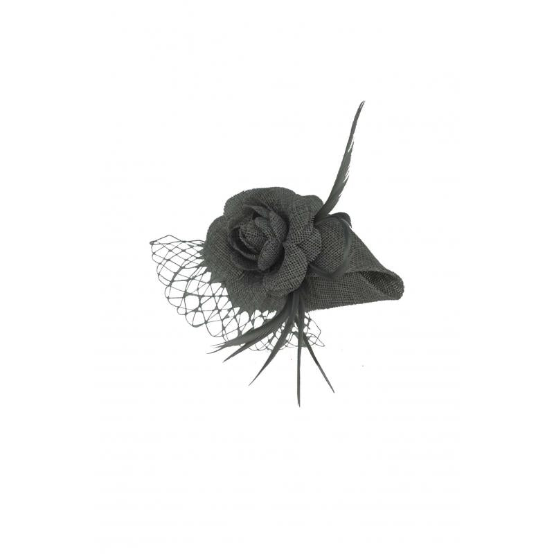 AB1879 Rose Flower Sinamay Fascinator with small veil and Pointed Feather