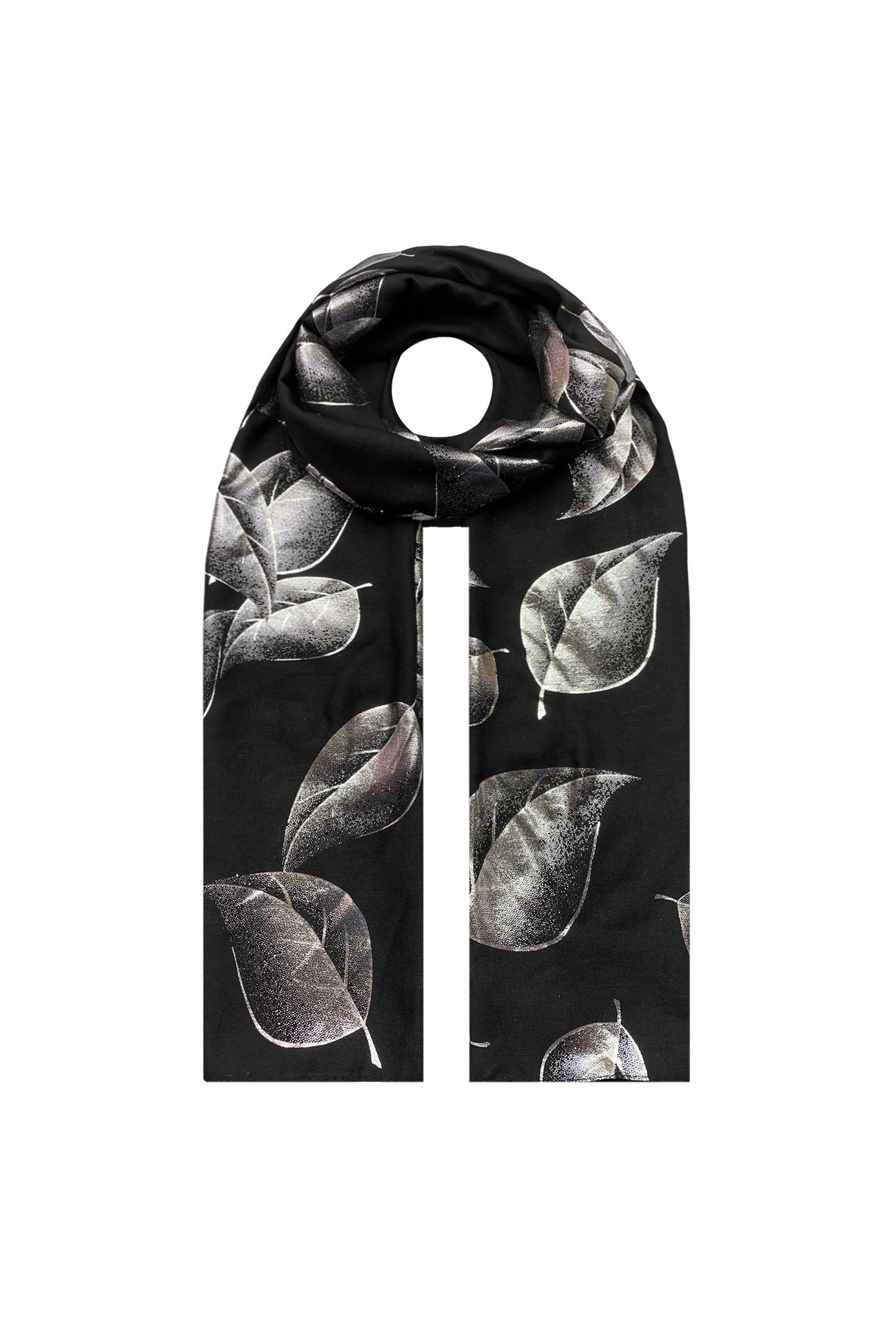 SF21058-655 Silver Foil Large Leaf Print Polyester Scarf
