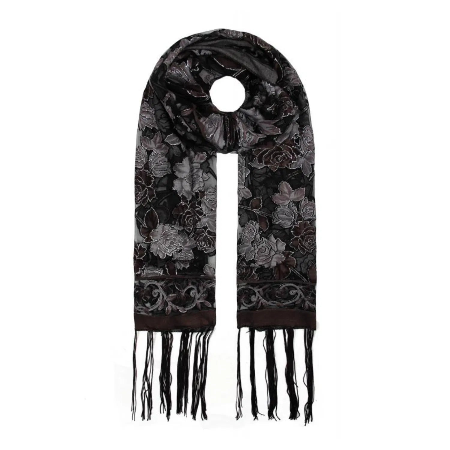 YH-3 Floral Printed Velvet Polyester Scarf with Glitter Trimmings