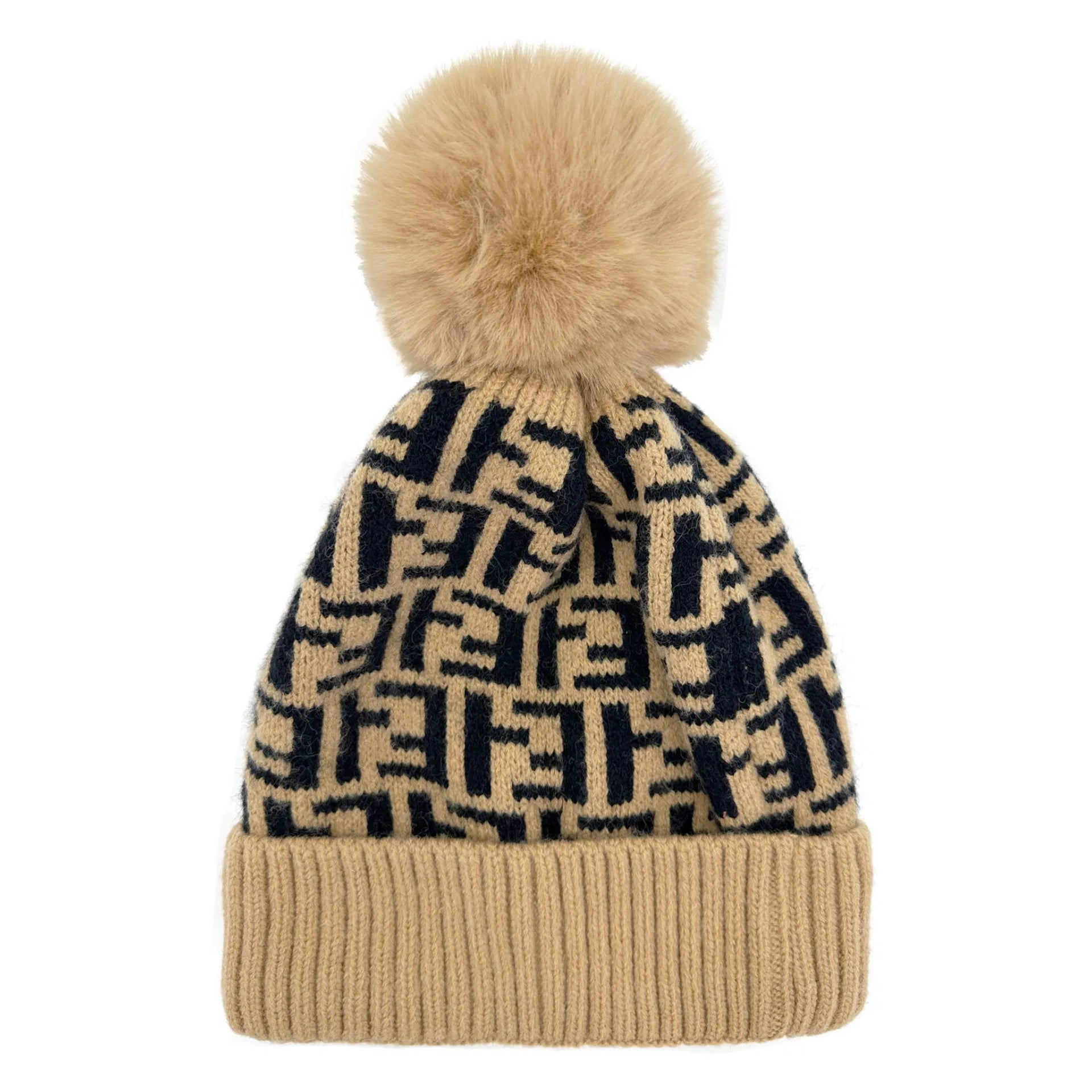 HT2411-088 Monogram Print Beanie Pom Pom Hat