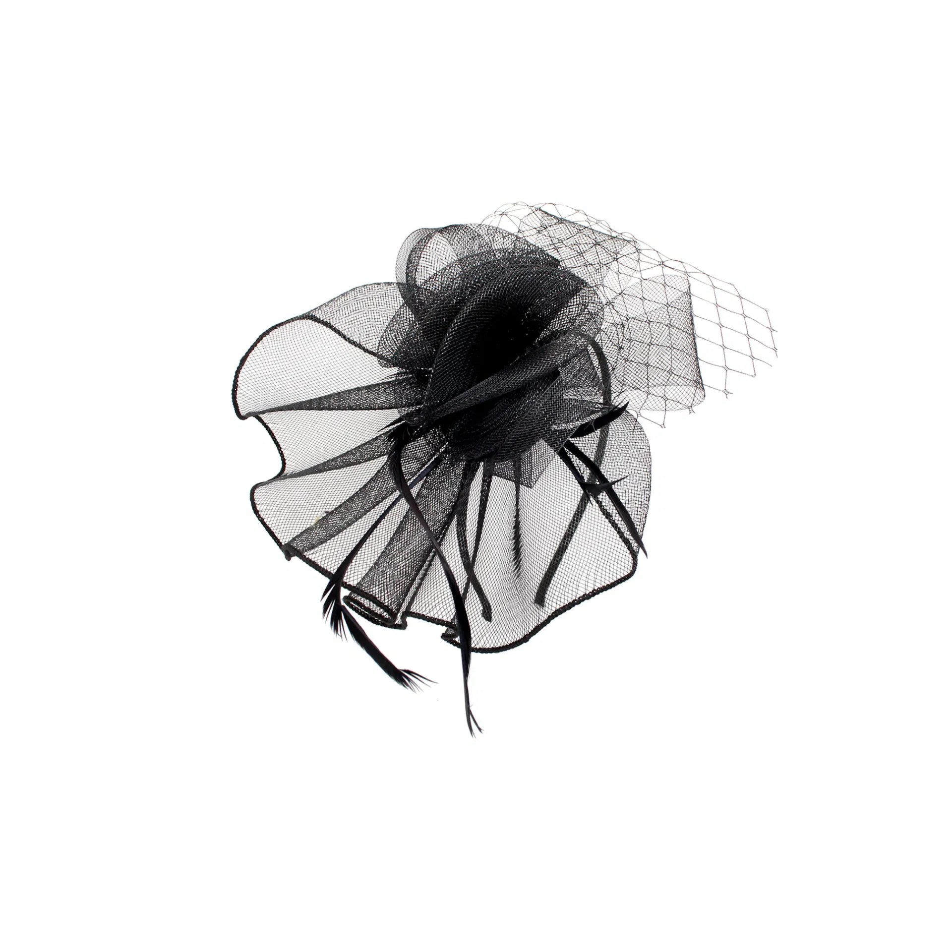 MX09-15B Twirled Gauze Fascinator with Veil and Feathers