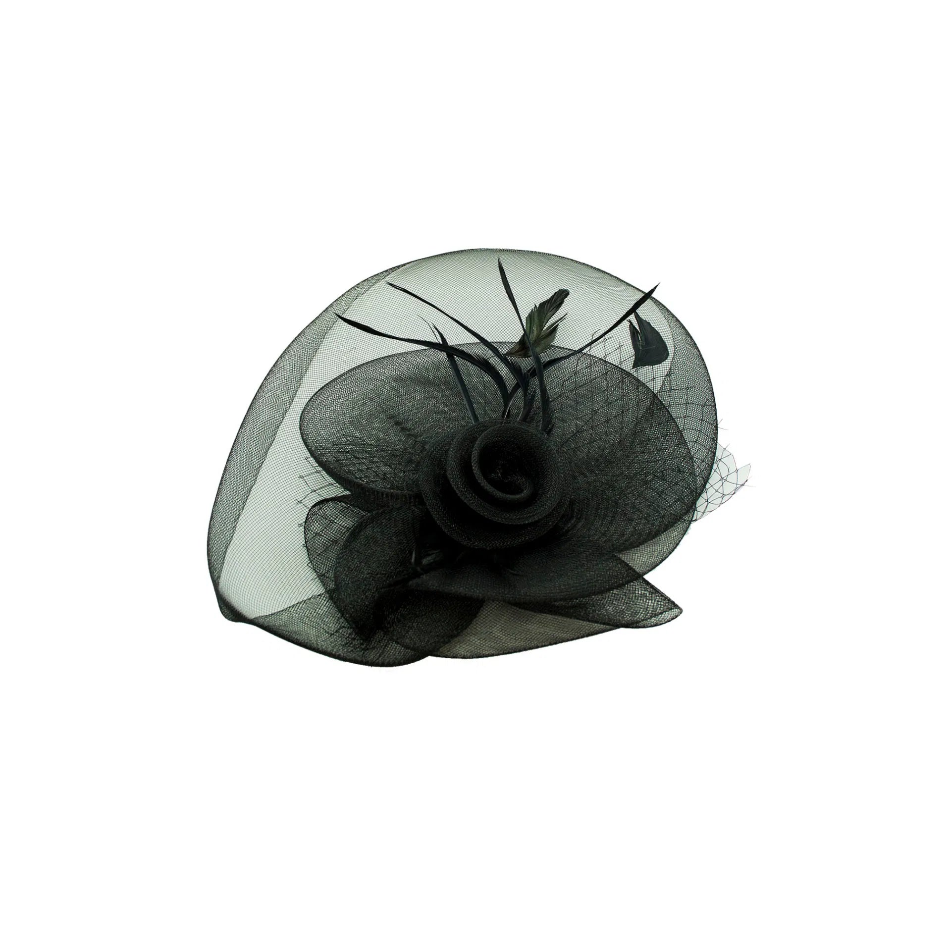 MA136-051 Twirled Gauze Flower Fascinator with Veil and Feathers