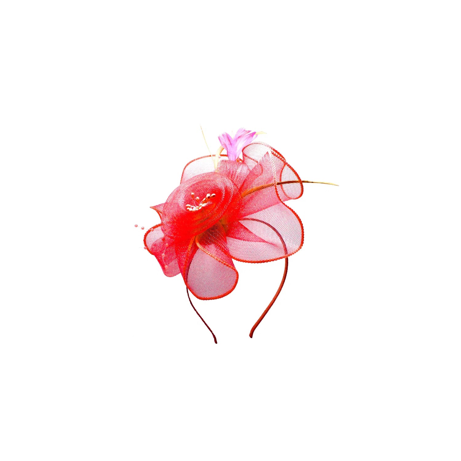 MX09-10 Flower Gauze Fascinator with Beads Pistils and Feathers