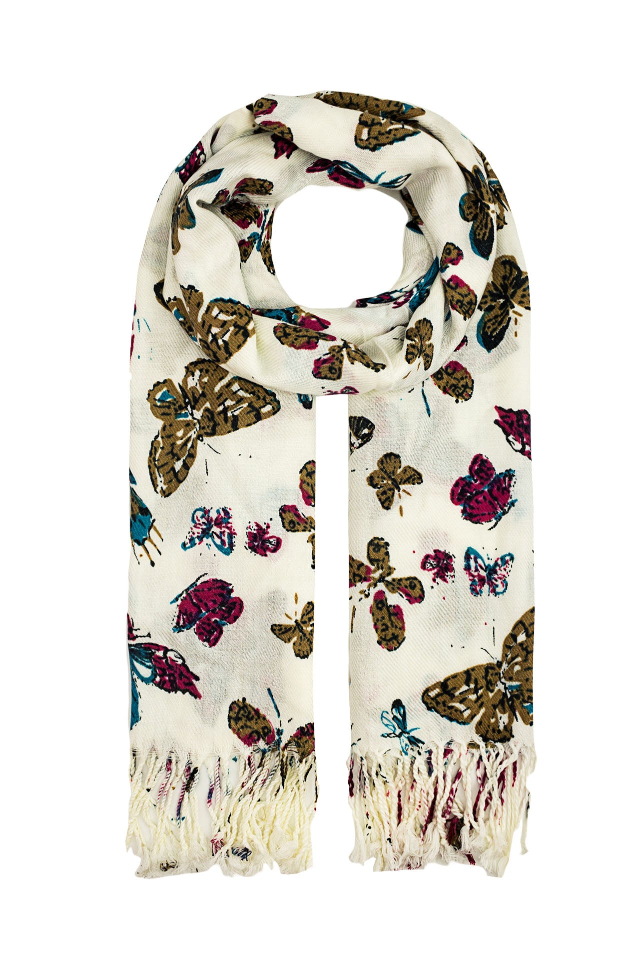 1592-91 Butterfly Print Scarf with Tassels