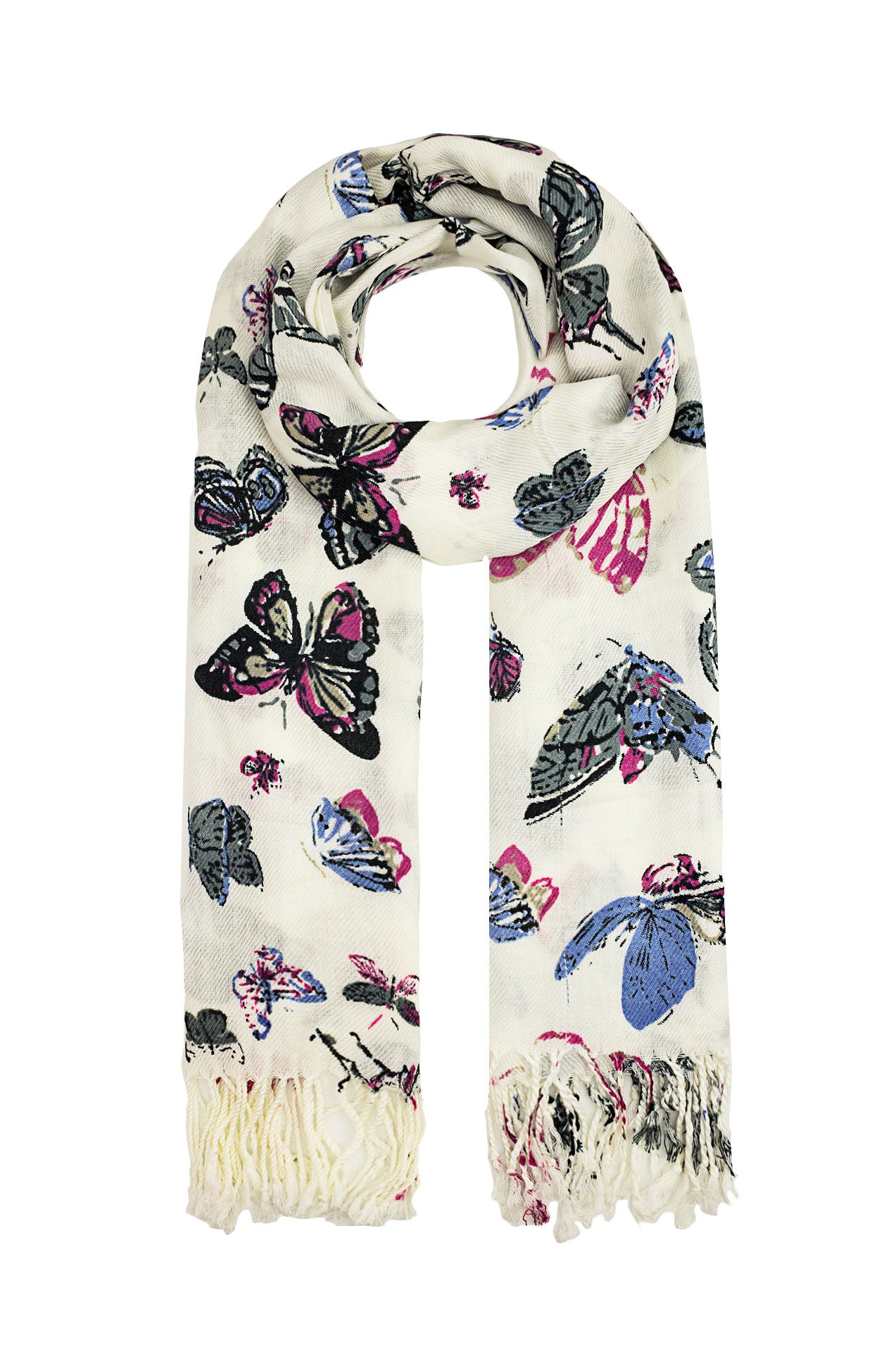 1592-91 Butterfly Print Scarf with Tassels