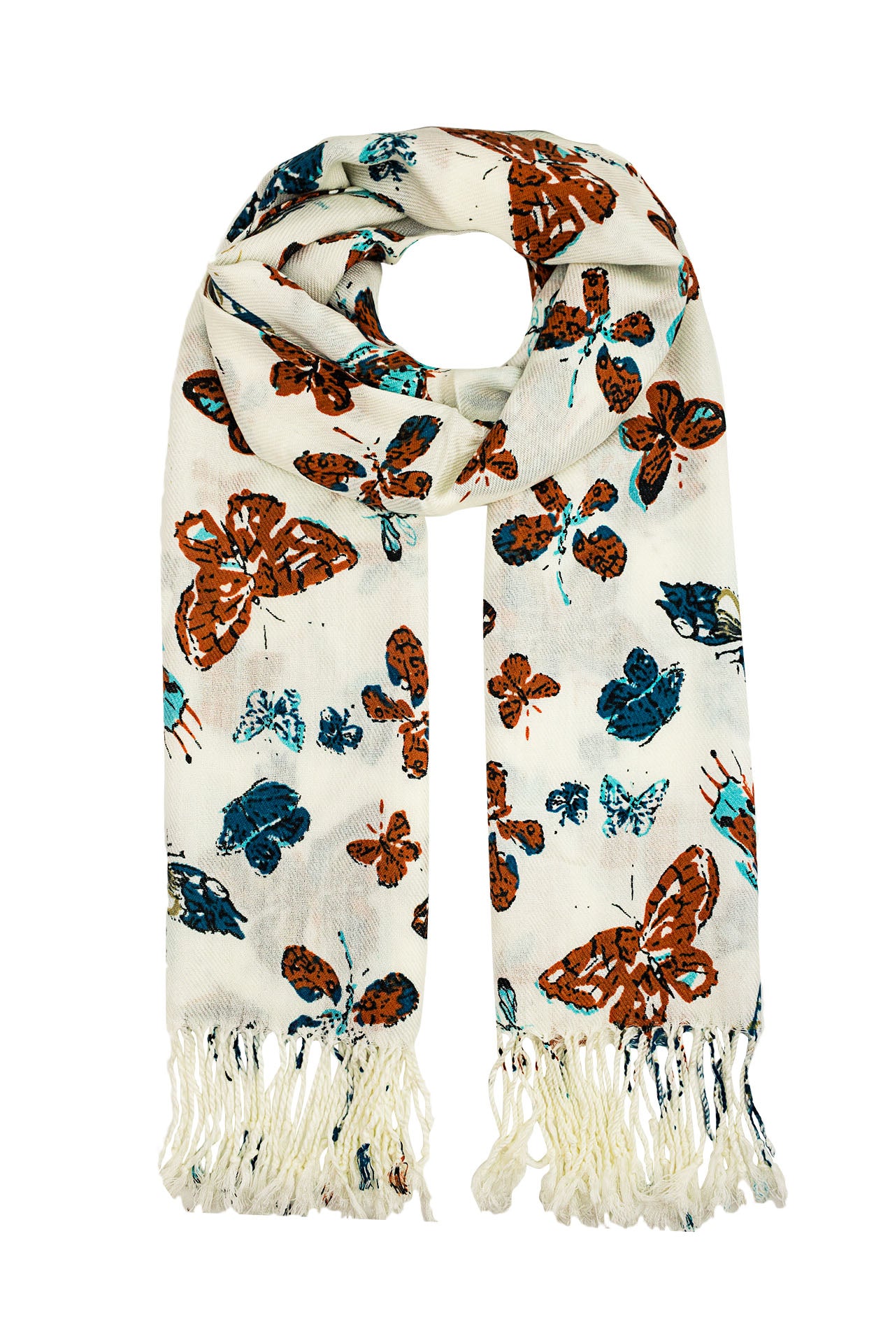 1592-91 Butterfly Print Scarf with Tassels