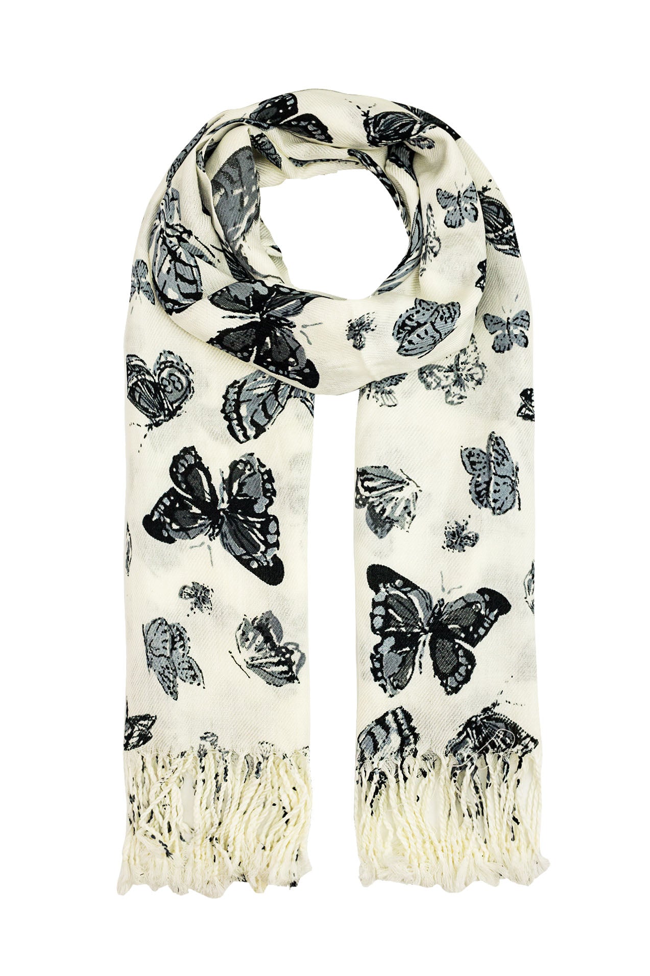 1592-91 Butterfly Print Scarf with Tassels