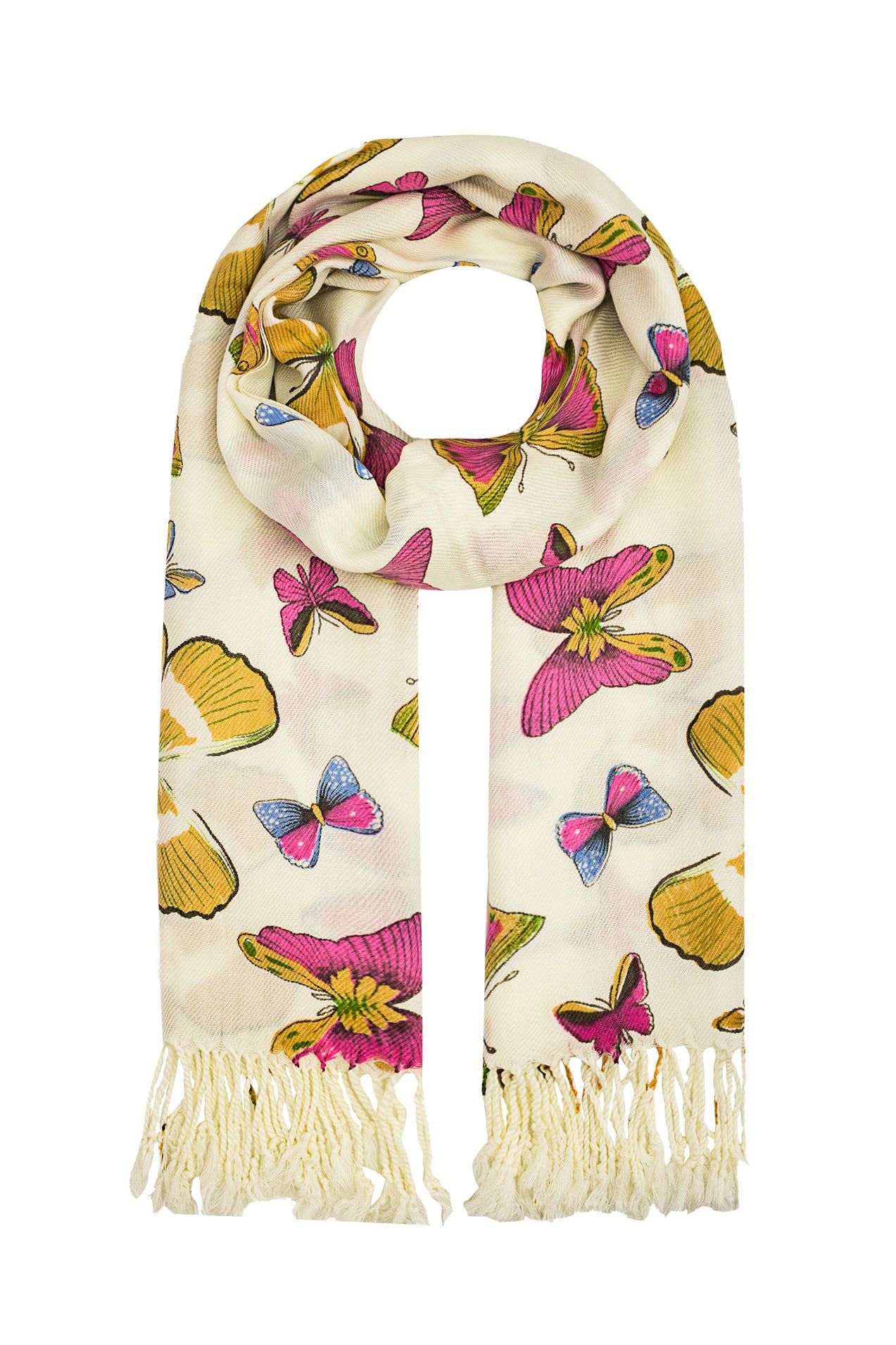 1595-95 Large Butterfly Print Scarf wit Tassel Details