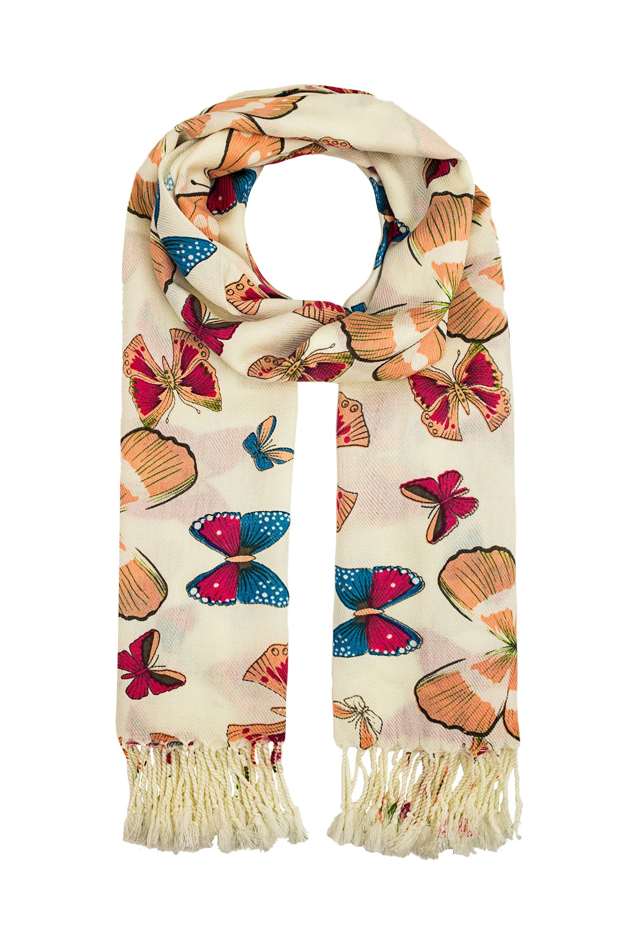 1595-95 Large Butterfly Print Scarf wit Tassel Details