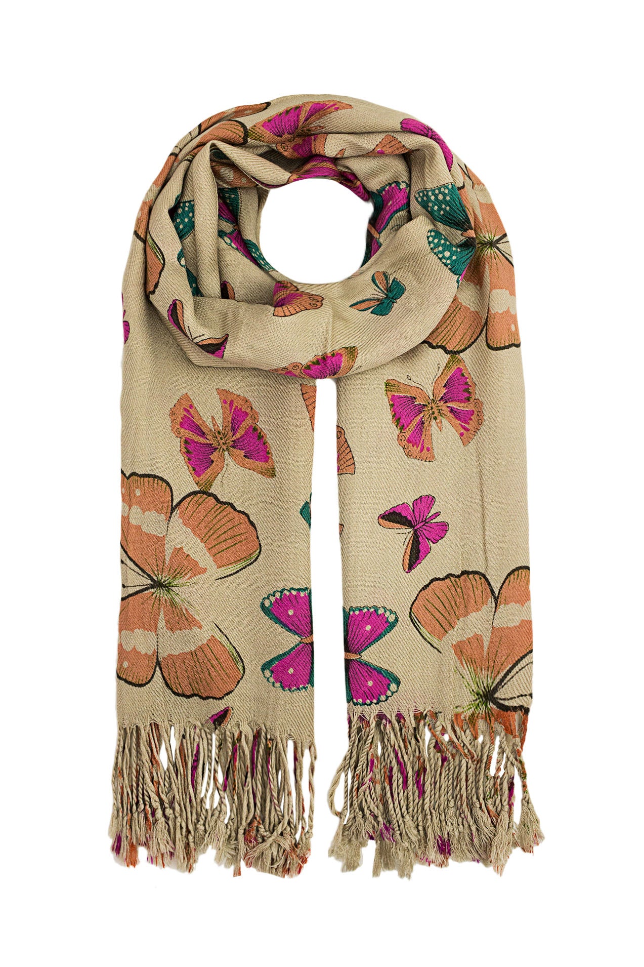 1595-95 Large Butterfly Print Scarf wit Tassel Details