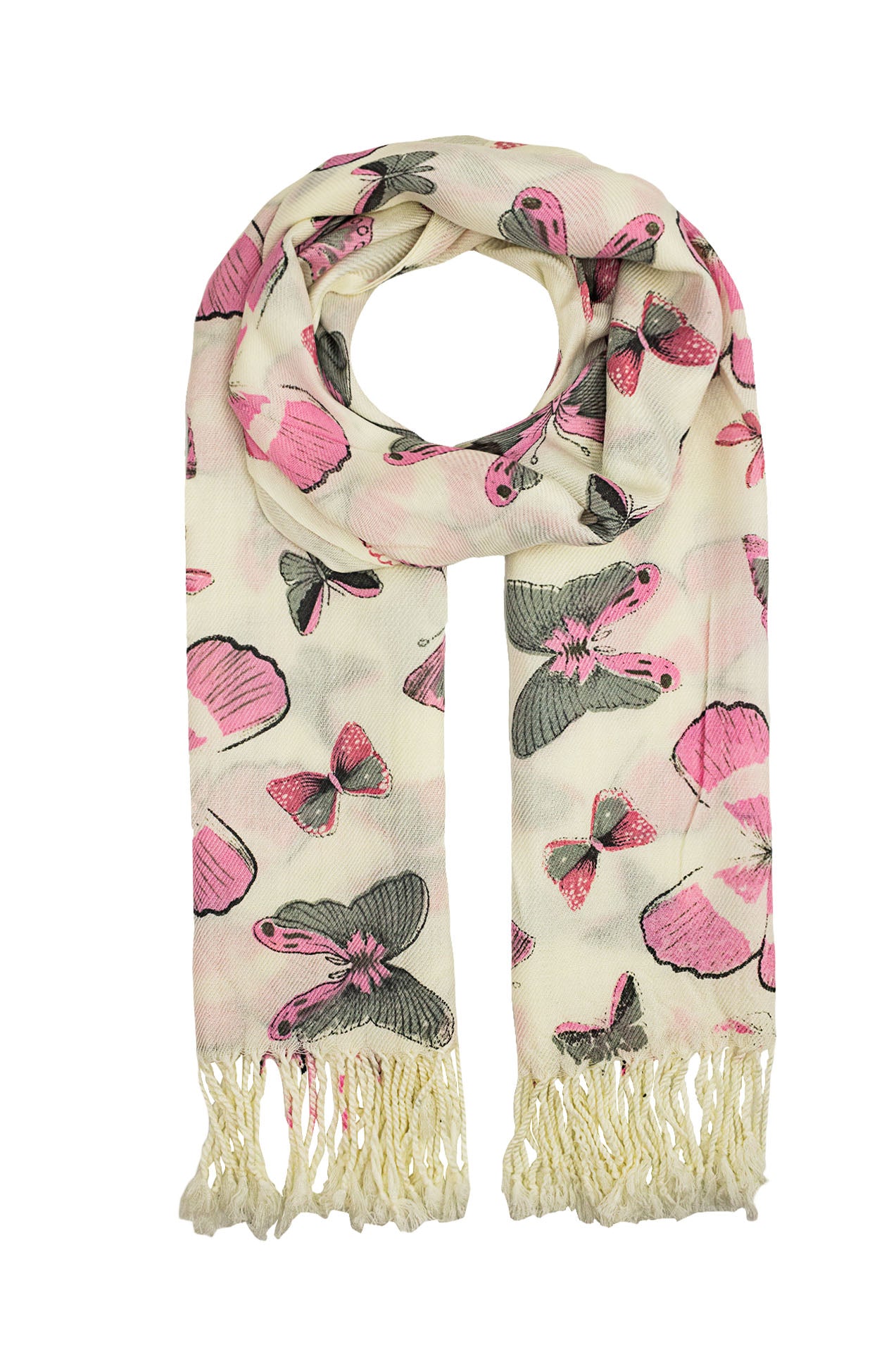 1595-95 Large Butterfly Print Scarf wit Tassel Details