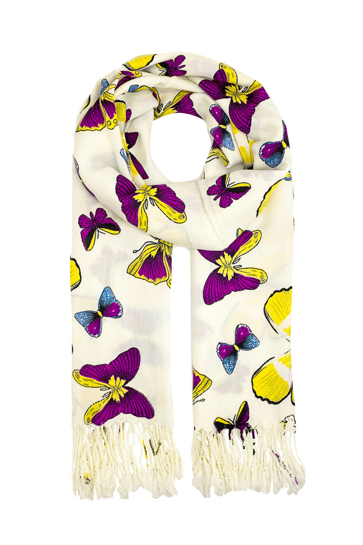 1595-95 Large Butterfly Print Scarf wit Tassel Details