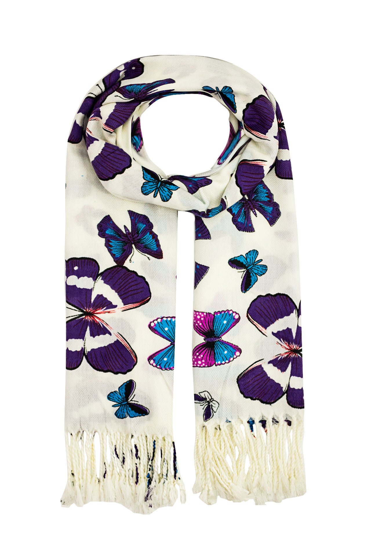 1595-95 Large Butterfly Print Scarf wit Tassel Details