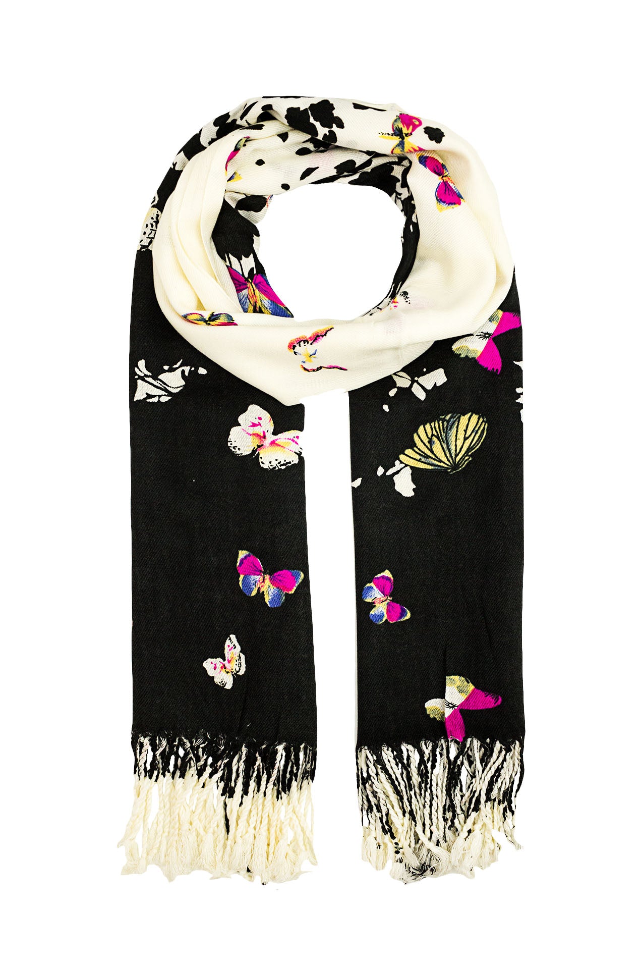 1595-96 Bright Multicolour Butterfly Print Scarf with Tassels