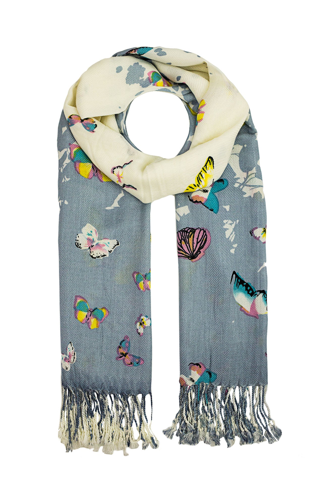 1595-96 Bright Multicolour Butterfly Print Scarf with Tassels