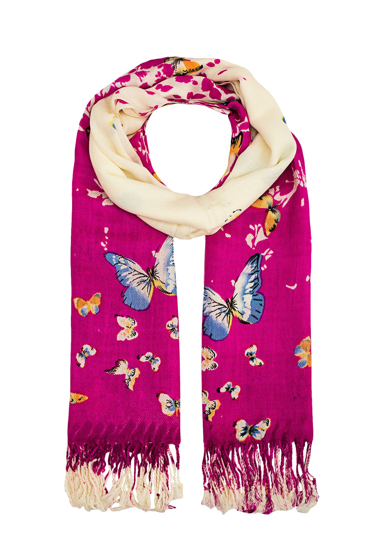 1595-96 Bright Multicolour Butterfly Print Scarf with Tassels