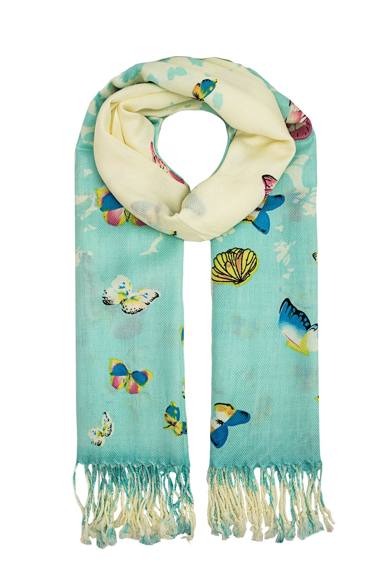 1595-96 Bright Multicolour Butterfly Print Scarf with Tassels