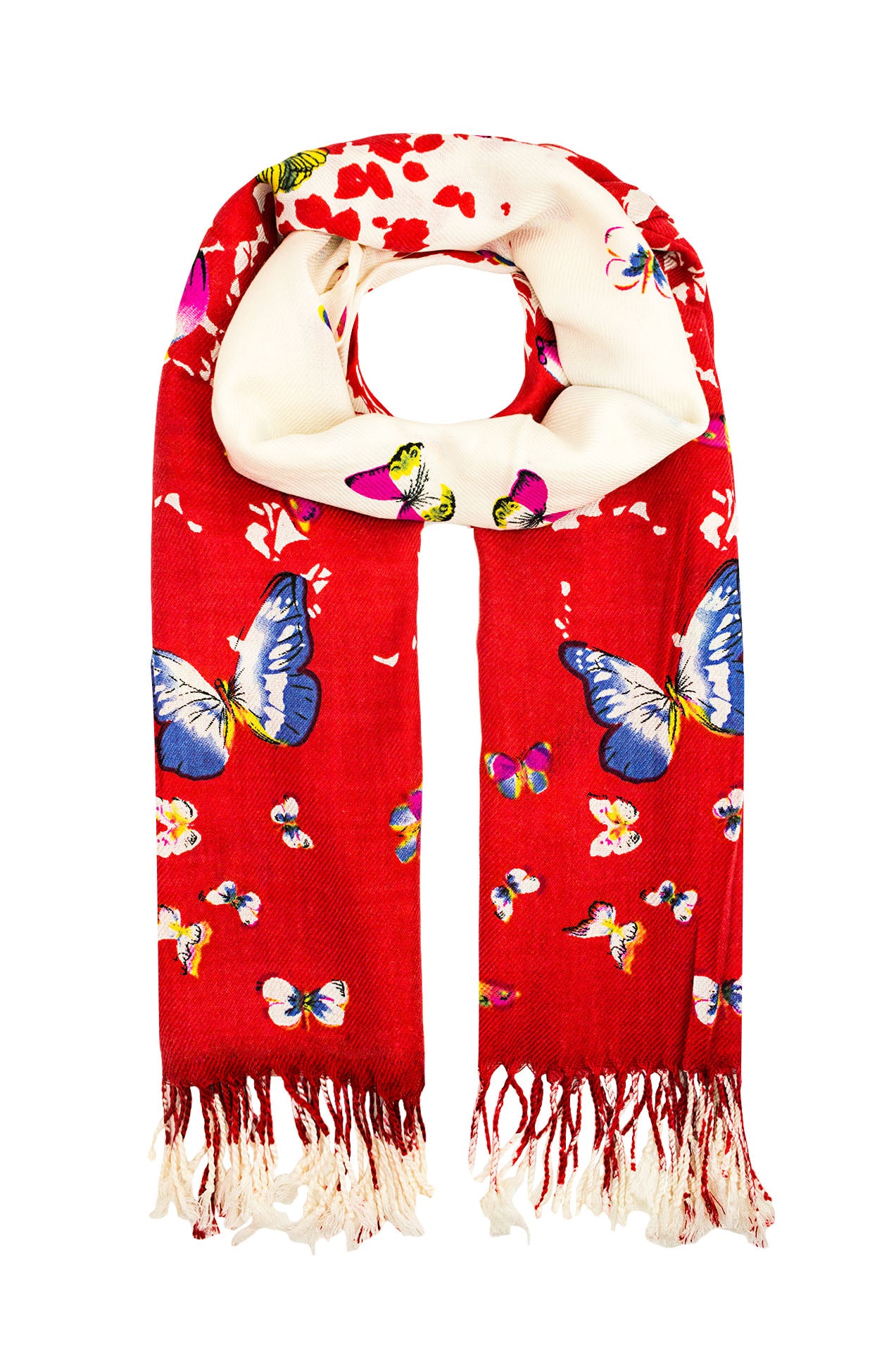 1595-96 Bright Multicolour Butterfly Print Scarf with Tassels