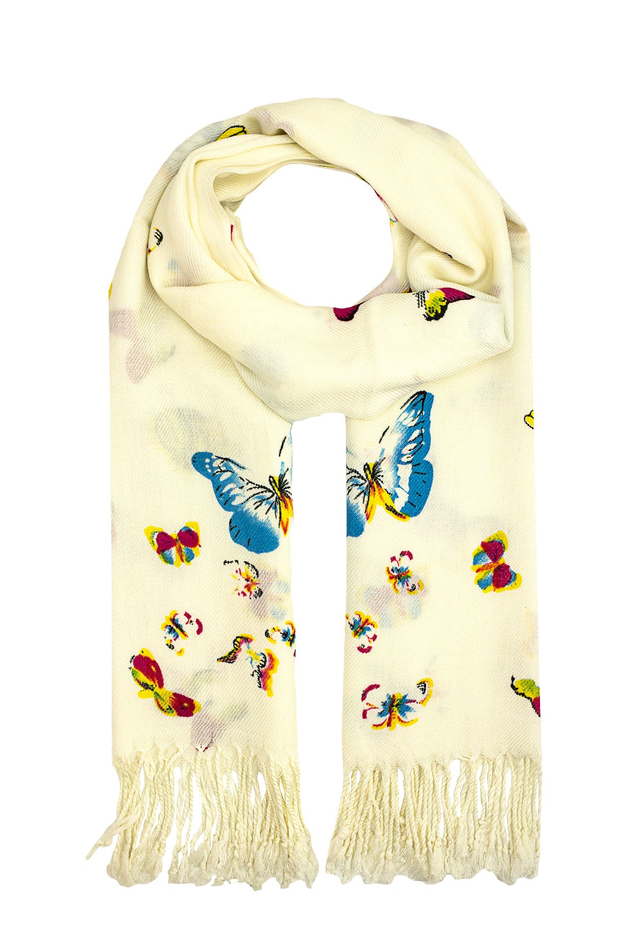 1595-96 Bright Multicolour Butterfly Print Scarf with Tassels