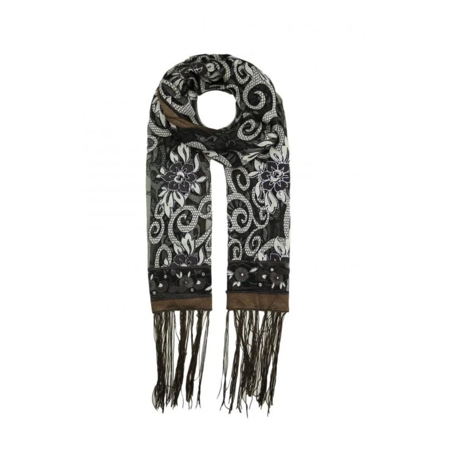 AB1688-A Floral Fashion Scarf with Tassels and Shiny Glitters