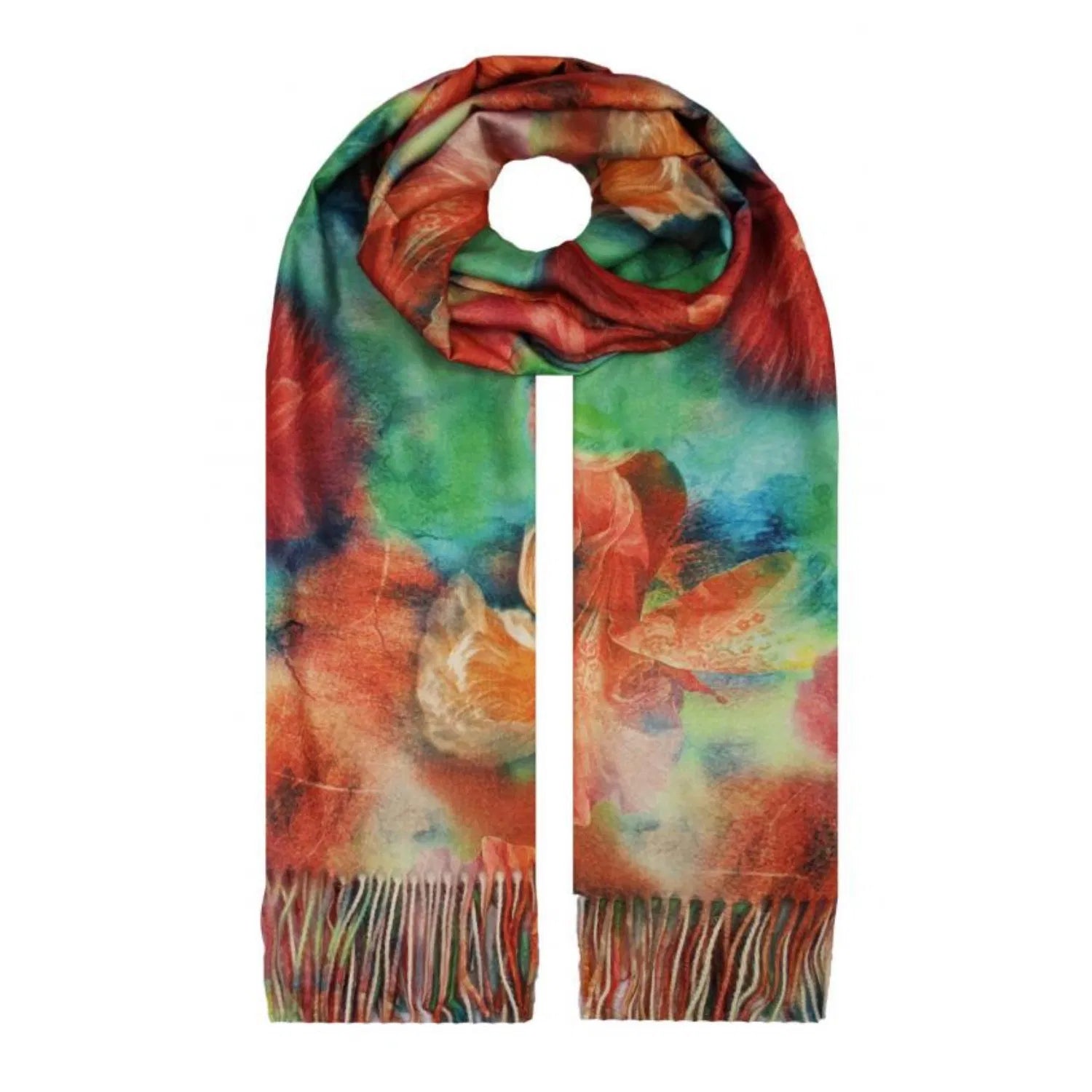 SF19138-135 Bright Floral Pattern Cotton Blend Scarf with Tassels