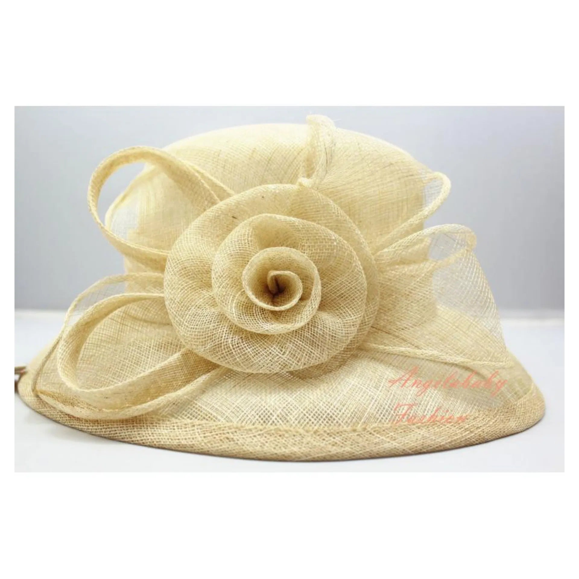 01-100 Beige Sinamay Cloche Hatinator with A Twirled Flower