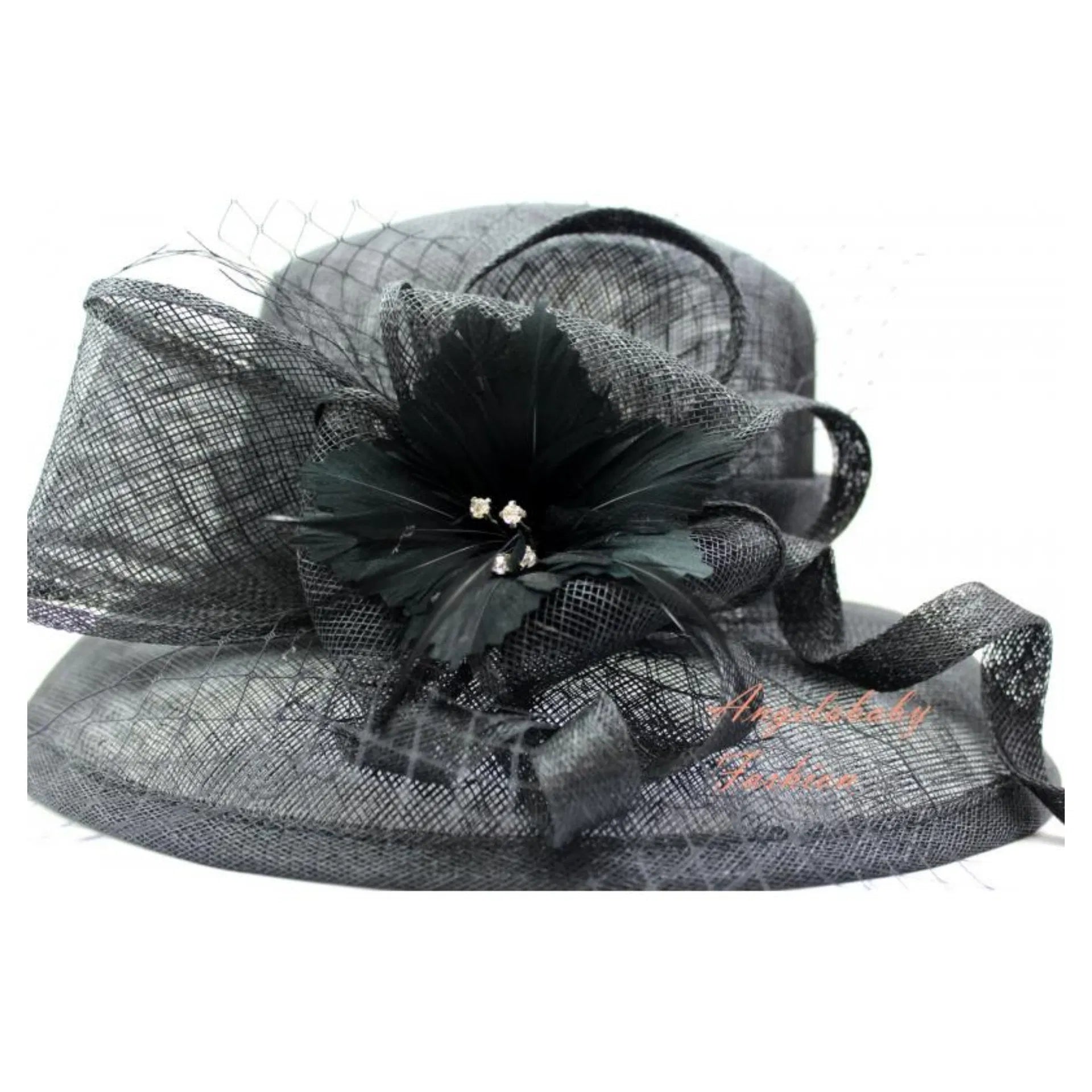 05-100 Sinamay Cloche Hatinator with Feather Flower and Crystal Pistils