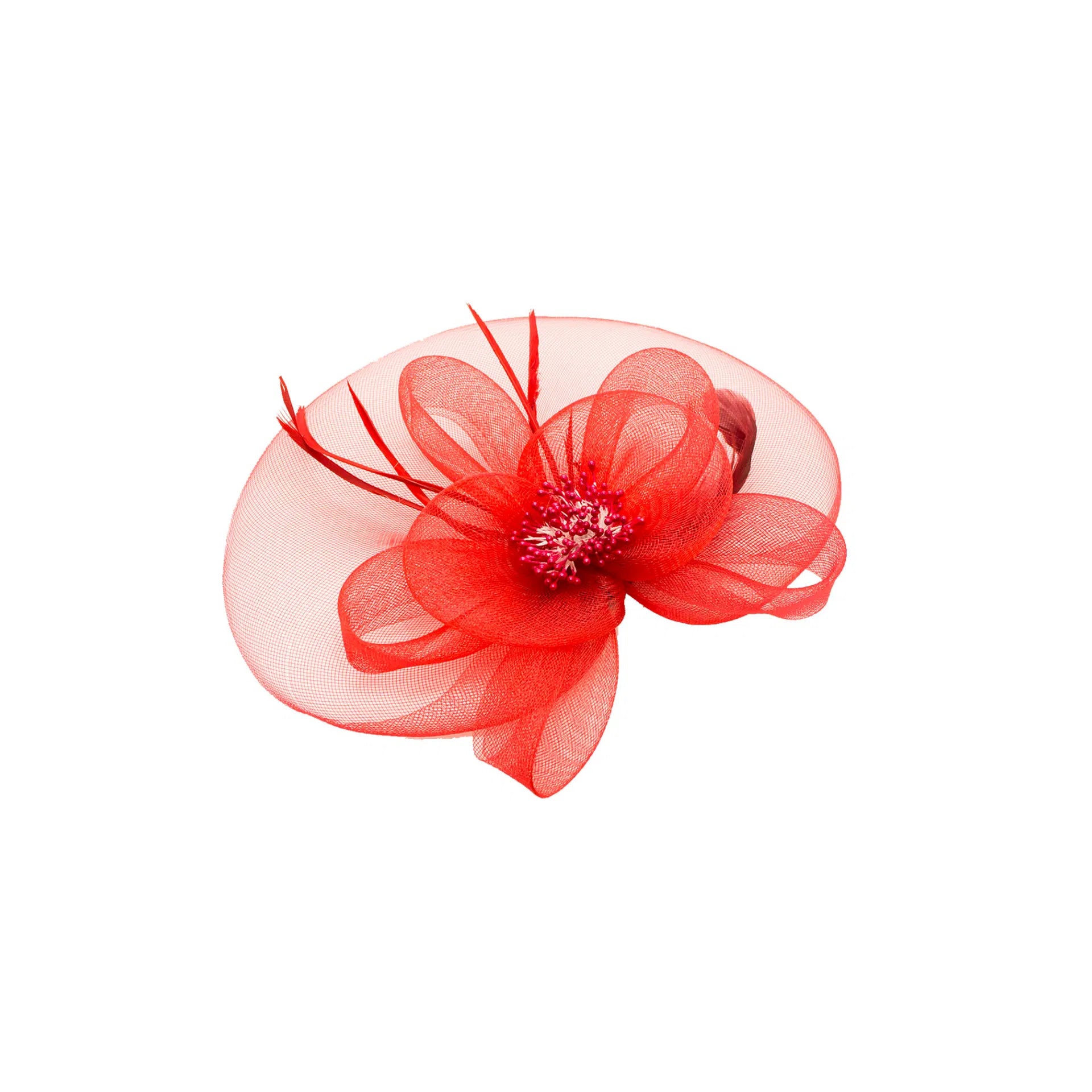 MX10-7 Gauze Poppy Flower Fascinator with Veil and Curled Feathers