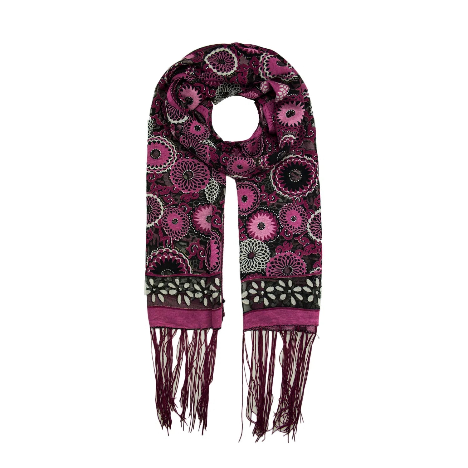 AB1698-B Velvet Polyester Pattern Scarf with Tassels