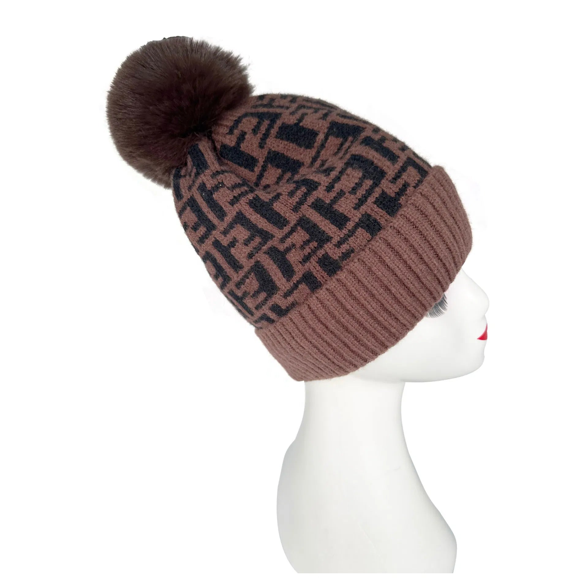 HT2411-088 Monogram Print Beanie Pom Pom Hat