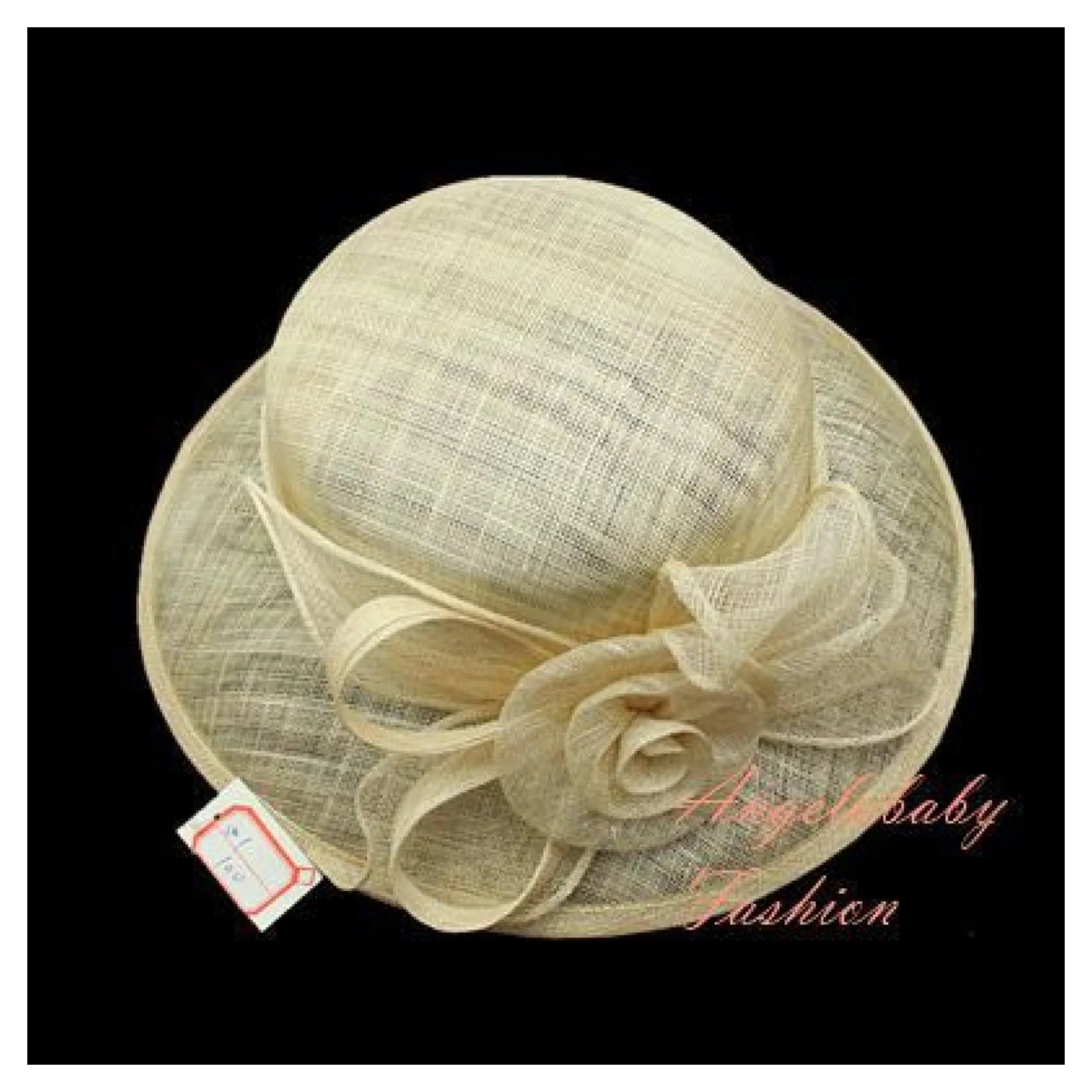 01-100 Beige Sinamay Cloche Hatinator with A Twirled Flower