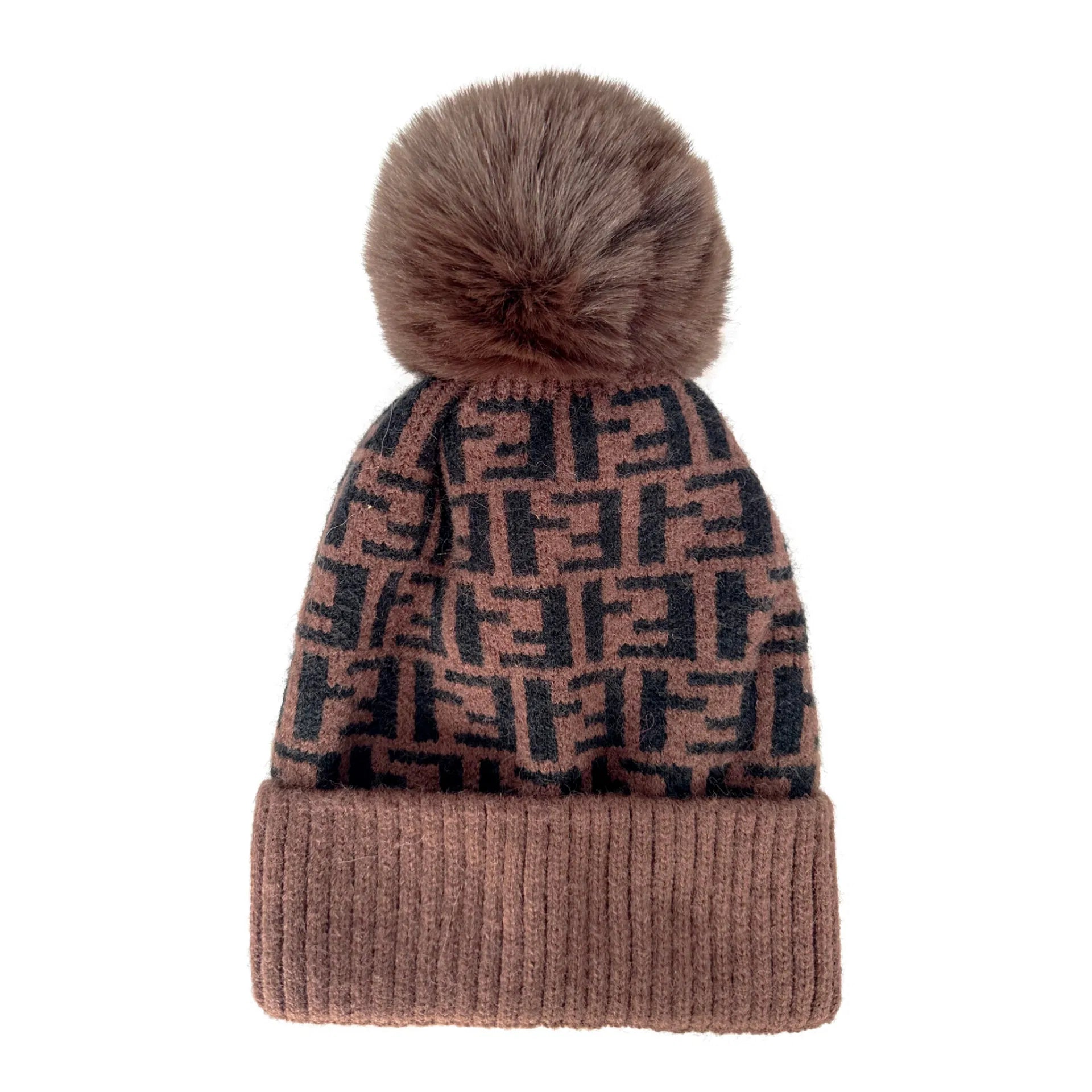 HT2411-088 Monogram Print Beanie Pom Pom Hat