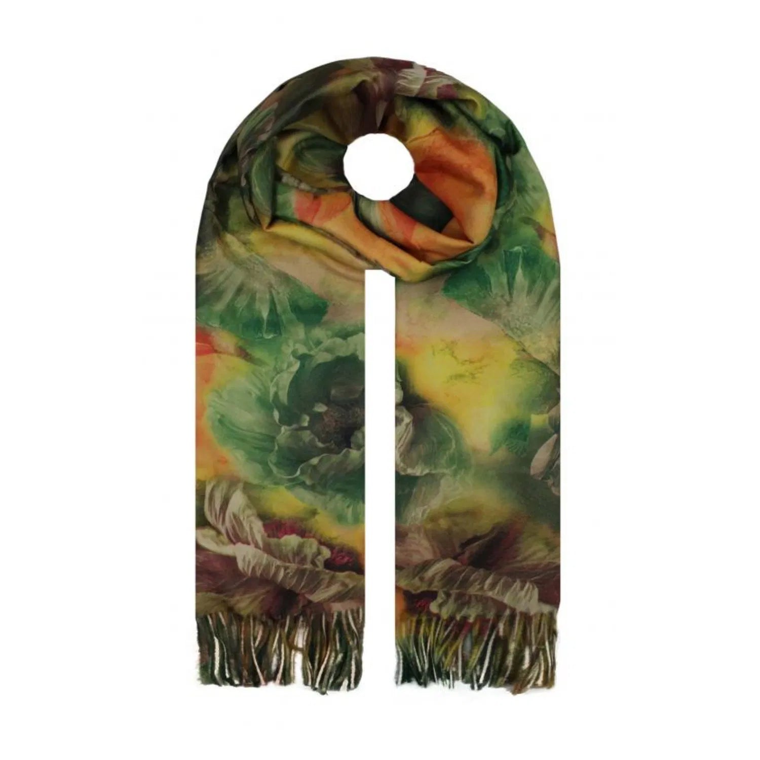 SF19138-135 Bright Floral Pattern Cotton Blend Scarf with Tassels