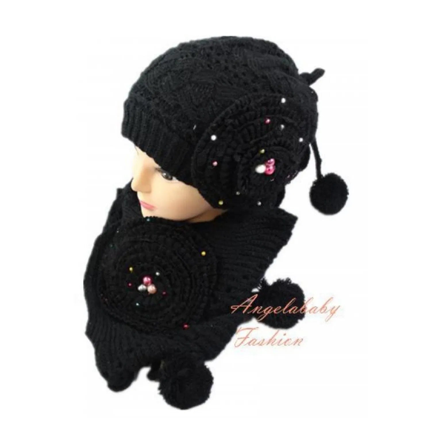 YJ041-72311 Acrylic Winter Hat and Scarf Set with Pompoms - Pack of 12