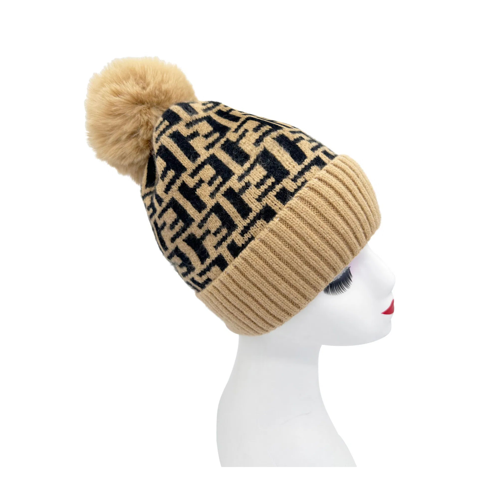 HT2411-088 Monogram Print Beanie Pom Pom Hat