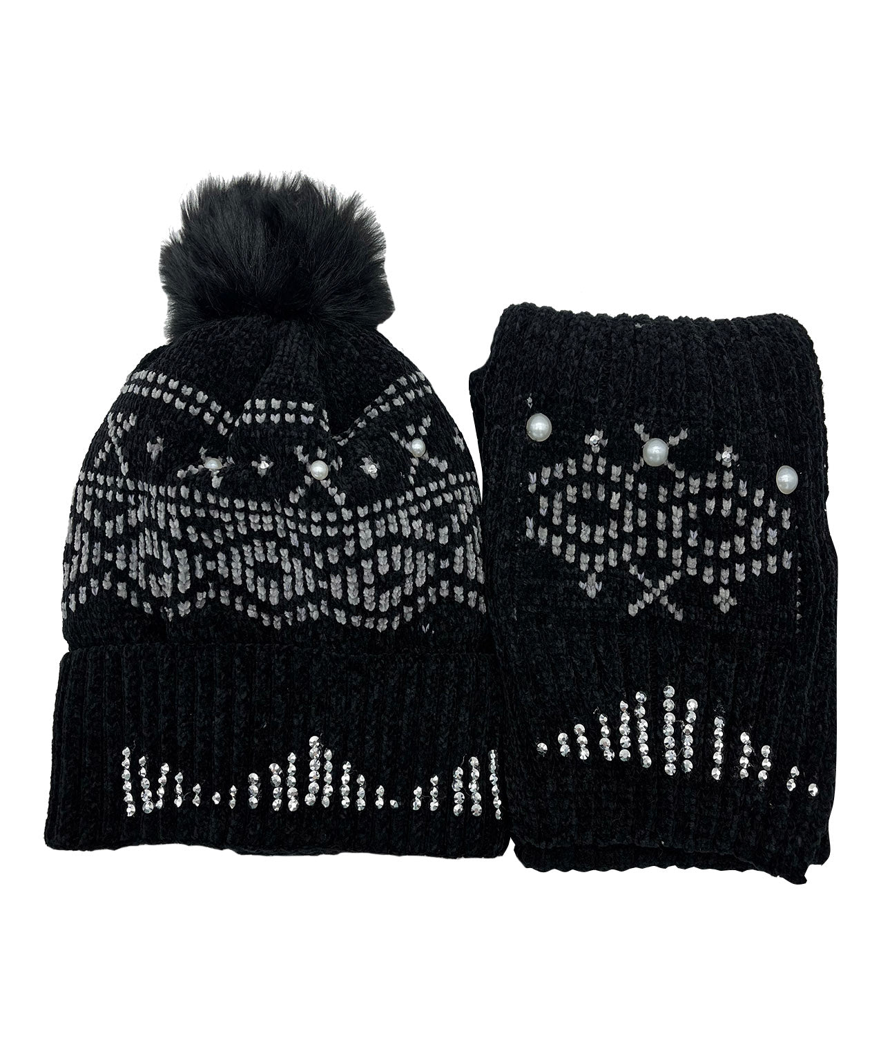 AB-SET 1 Pompom Hat and Scarf Set with Pattern and Beads