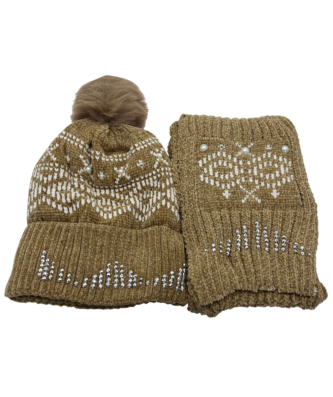 AB-SET 1 Pompom Hat and Scarf Set with Pattern and Beads