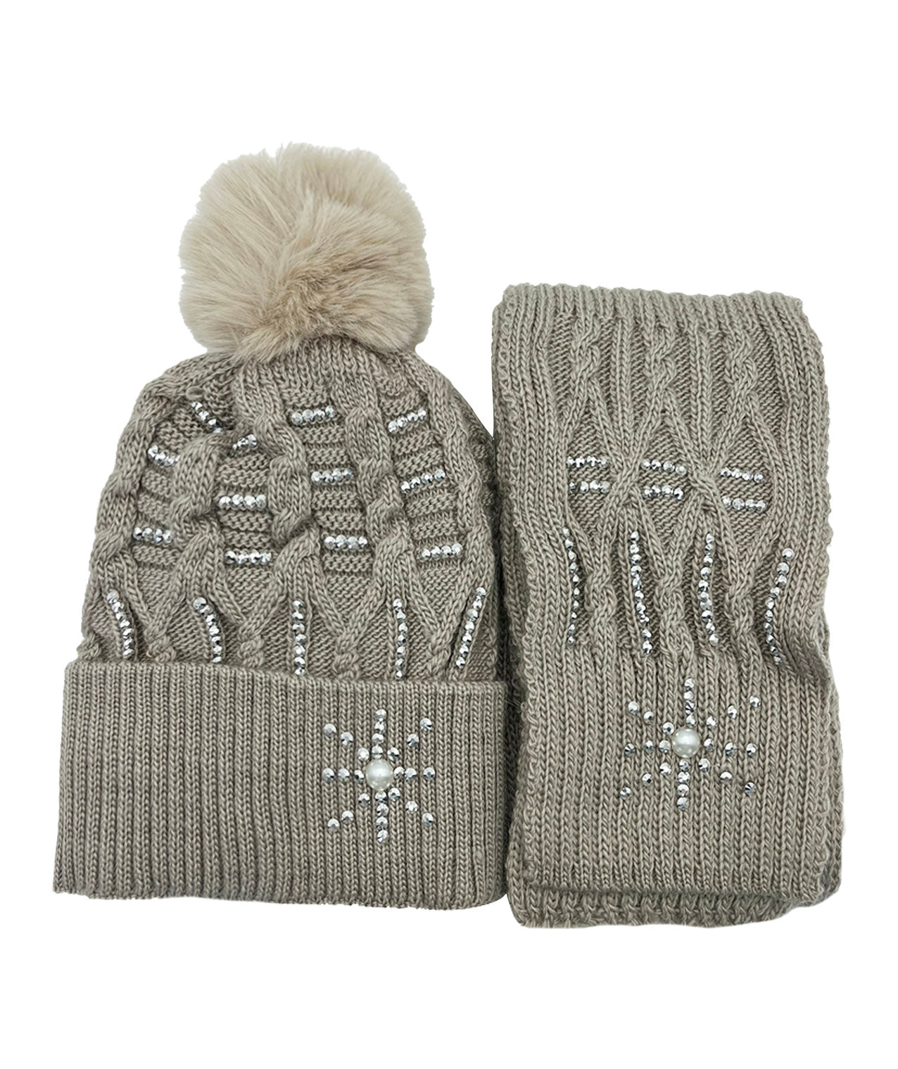 AB-SET 3 Pompom Hat and Scarf Set with Beaded Snowflake