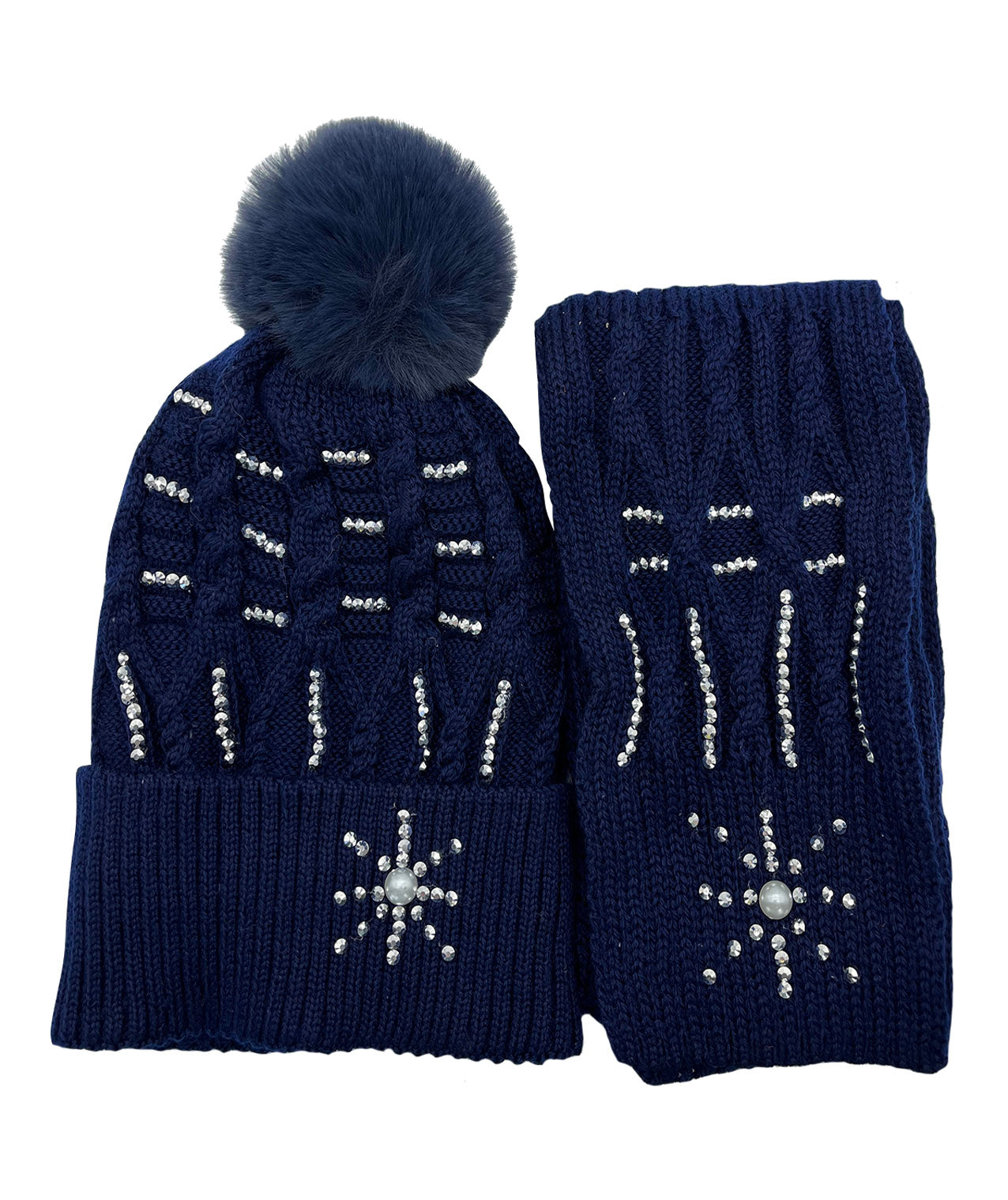 AB-SET 3 Pompom Hat and Scarf Set with Beaded Snowflake