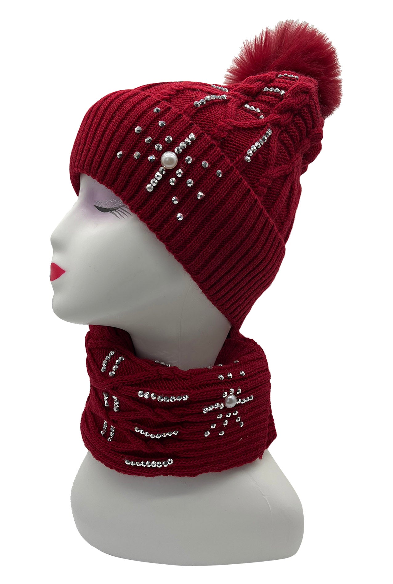 AB-SET 3 Pompom Hat and Scarf Set with Beaded Snowflake