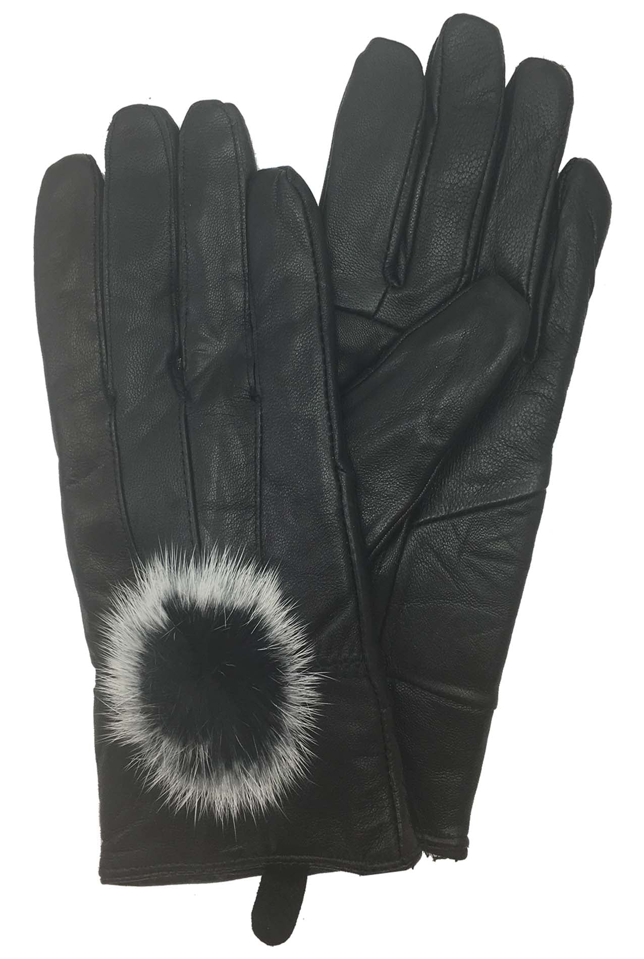 AB138-4 Leather Fashion Gloves with Fur Pompom