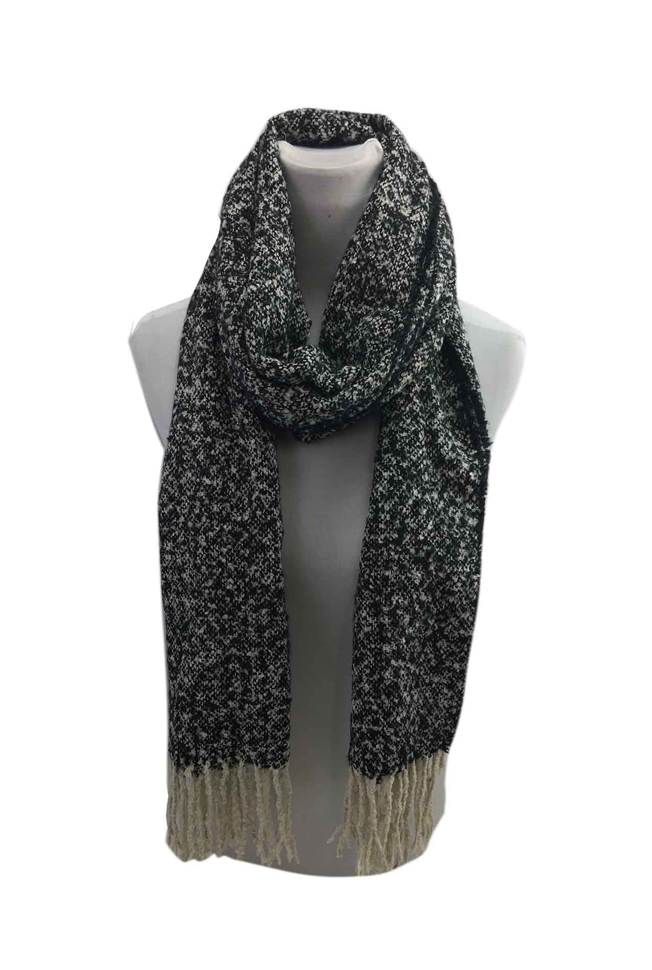 AB17123-100 Cotton Blend Black & White Scarf with Tassels