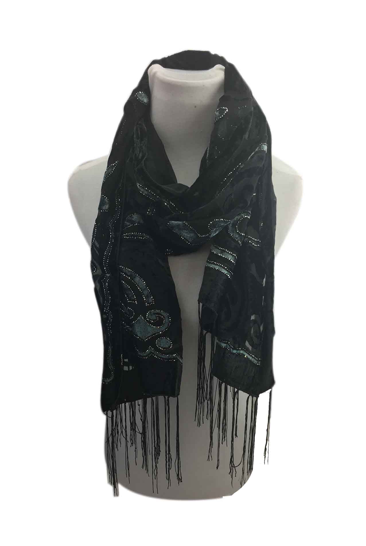 AB1718-117 Embroidered Scarf with Shiny Glitter and Tassels