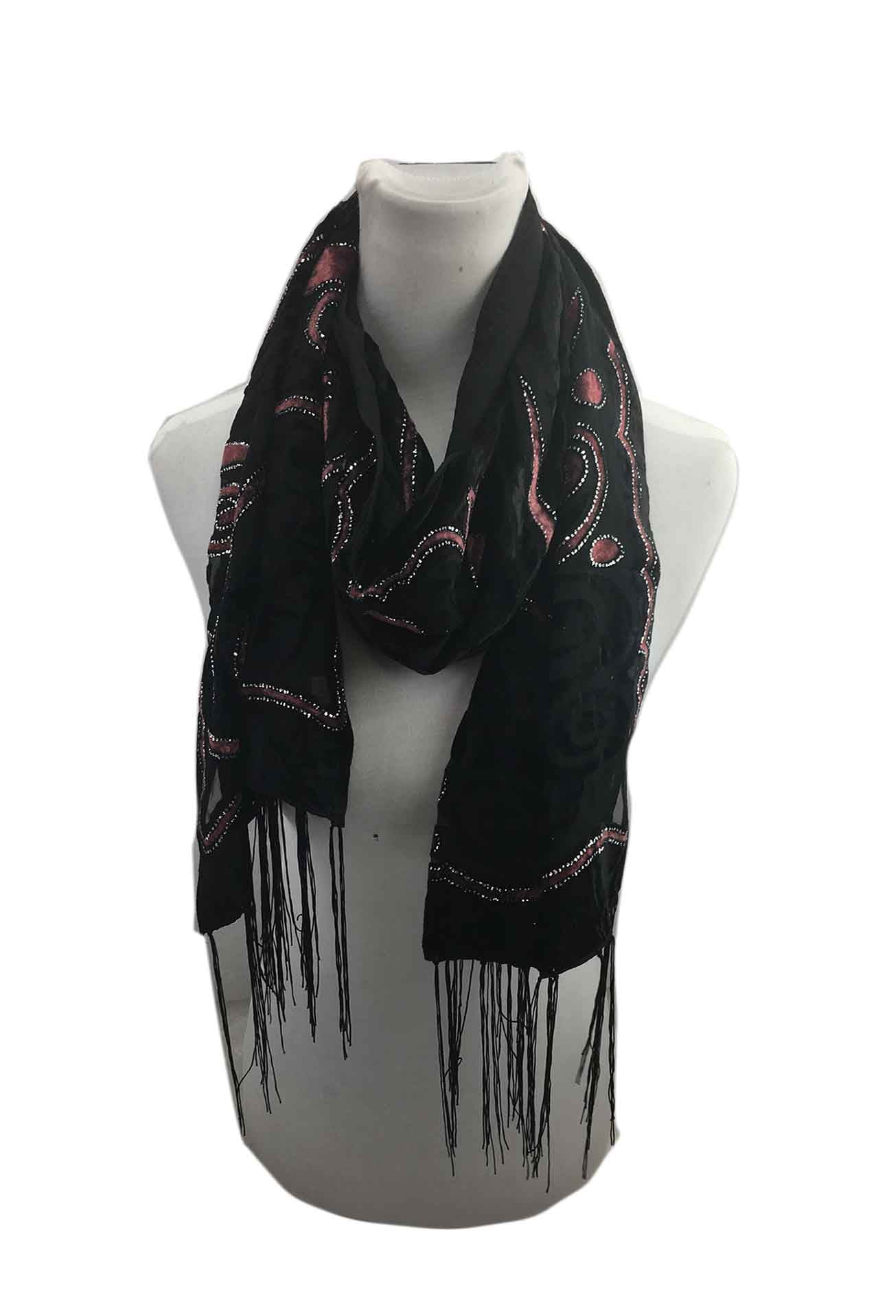 AB1718-117 Embroidered Scarf with Shiny Glitter and Tassels