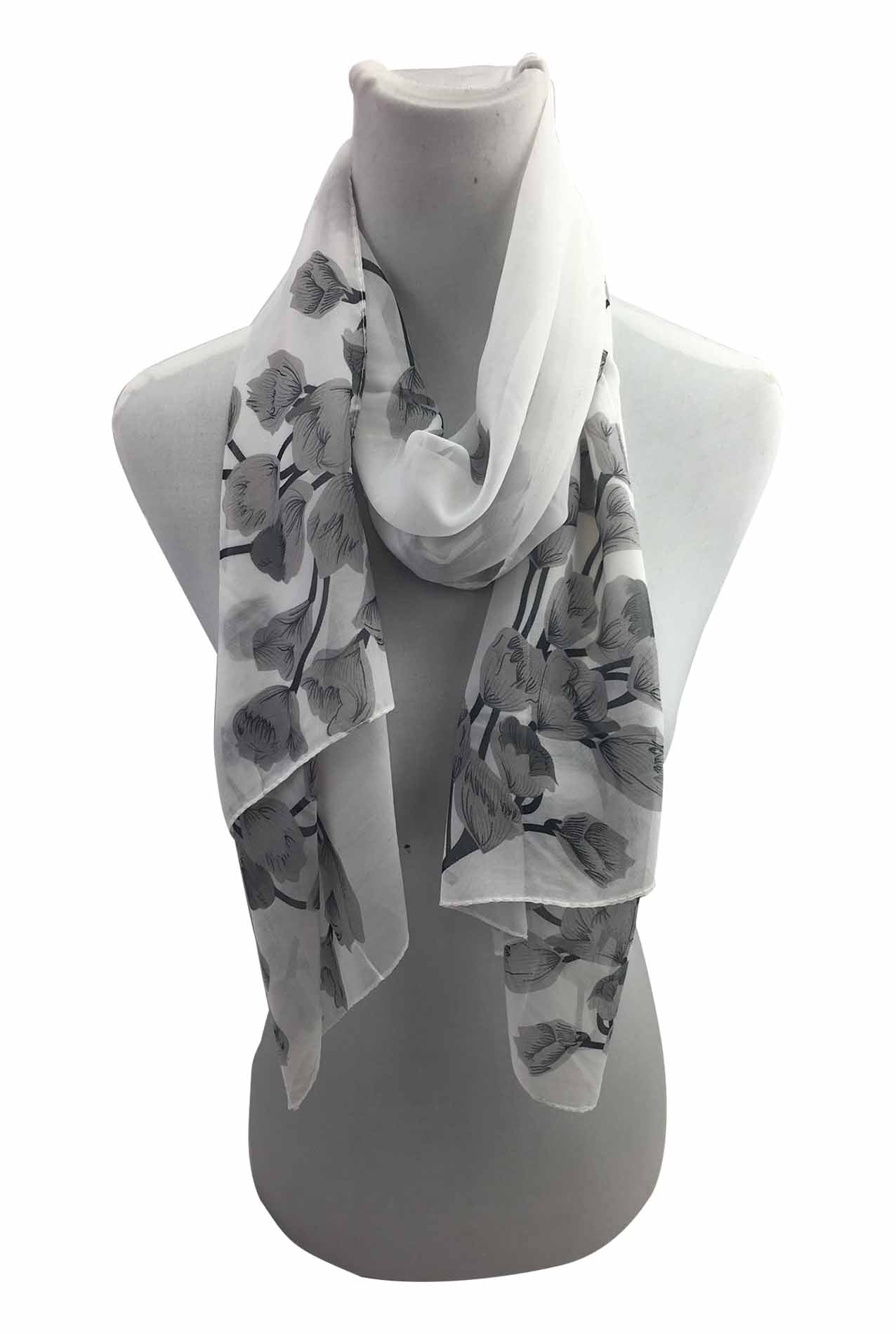 AB1733-135 Grey Rose Printed Chiffon Scarf