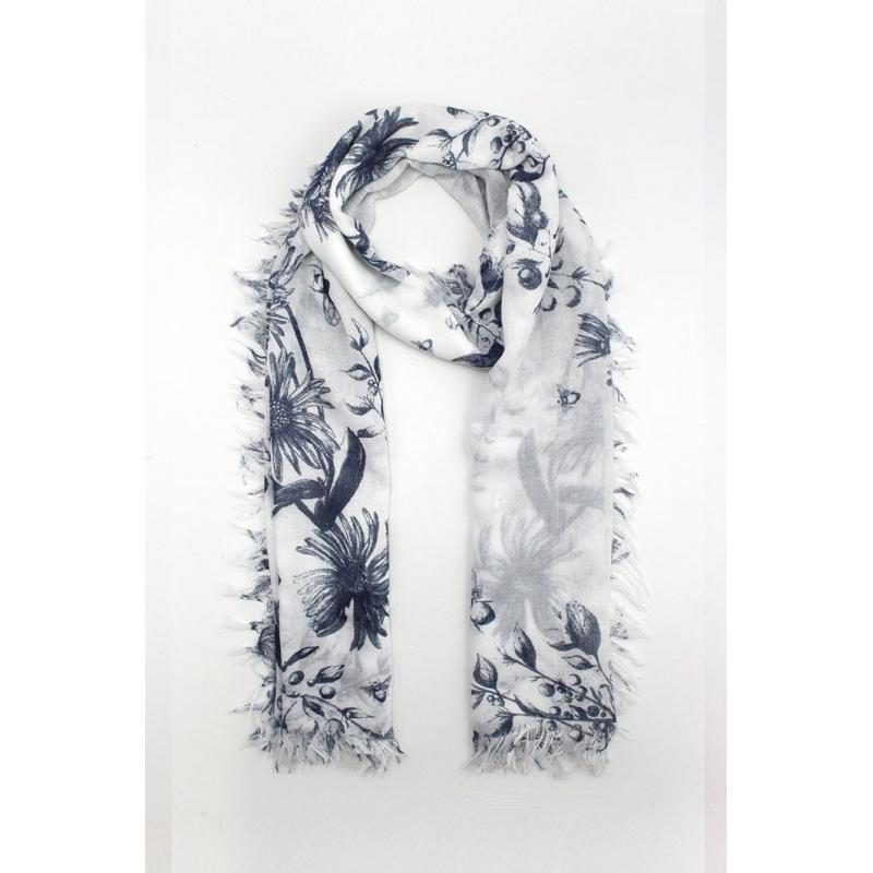 AB1790-14 Cotton Blend Floral Scarf with Frayed Edges