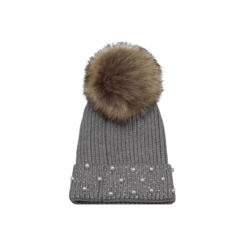 AB1814-415 Large Pom Pom Hat with Pearl Accents