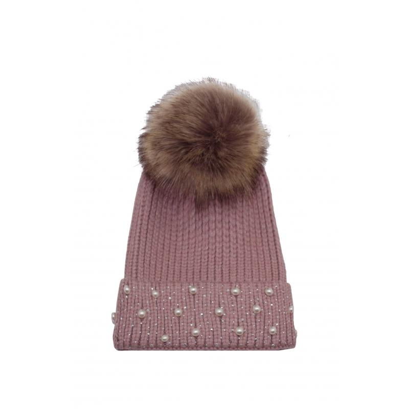 AB1814-415 Large Pom Pom Hat with Pearl Accents