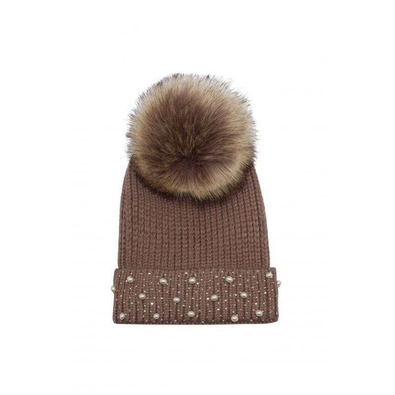 AB1814-415 Large Pom Pom Hat with Pearl Accents